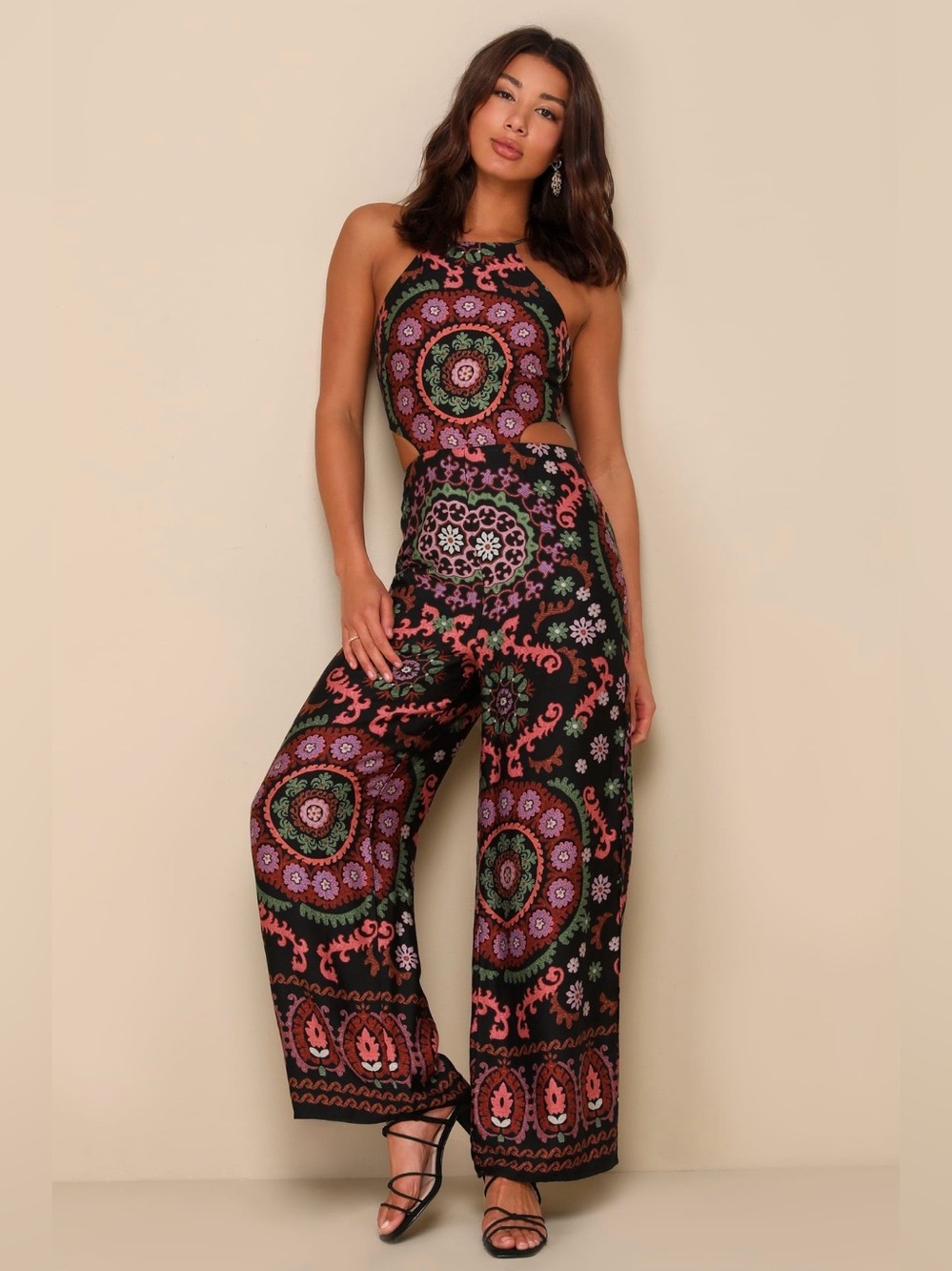 Lulus Printed Halter Jumpsuit in Black with Pink & Green